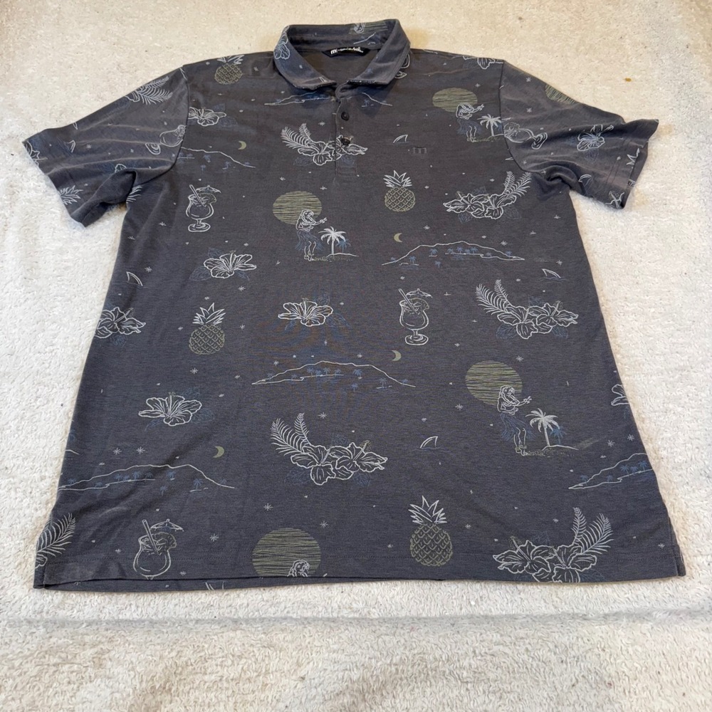 TravisMathew Mens XL Gray Tropical Hawaiian Hula Print Golf Polo Shirt XL‎